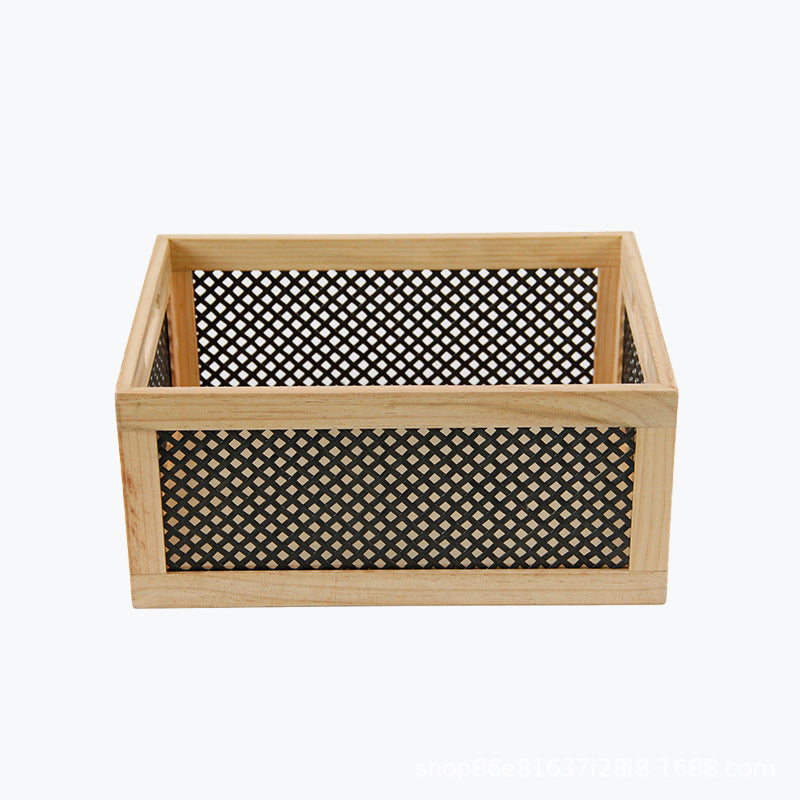Wood Storage Box with Decorative Mesh Elements | Thrascher