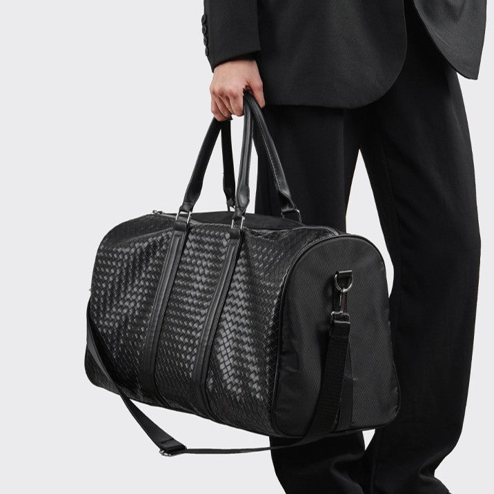 Woven Leather Weekend Duffel Bag with Dual Handles & Adjustable Shoulder Strap, view 2