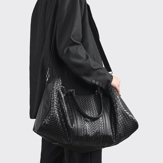 Woven Leather Weekend Duffel Bag with Dual Handles & Adjustable Shoulder Strap, view 3