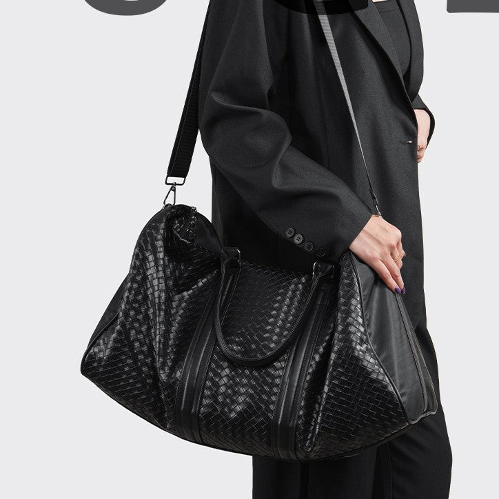 Woven Leather Weekend Duffel Bag with Dual Handles & Adjustable Shoulder Strap